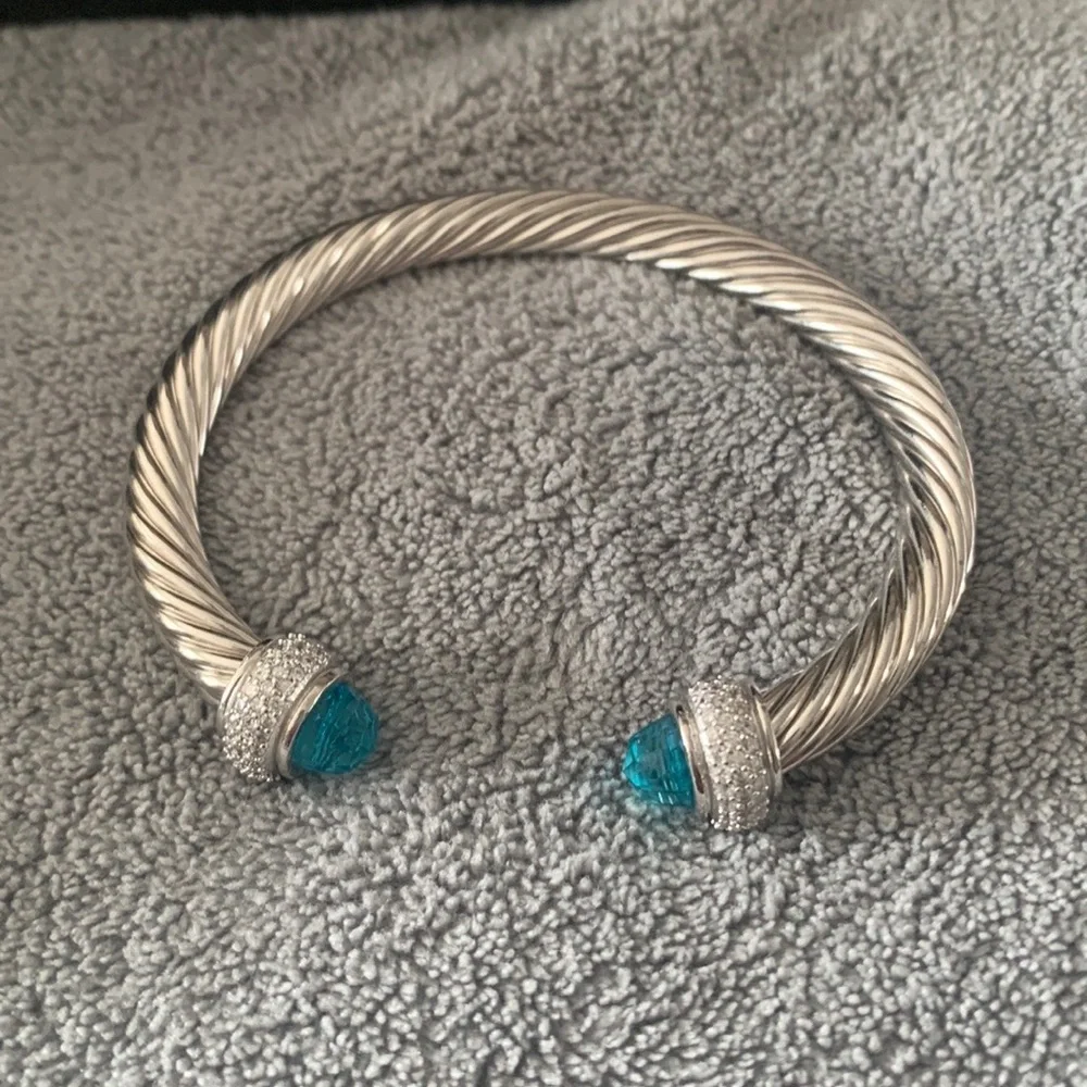 David Yurman Silver Cable Bracelet with Blue Topaz Terminals - Picture 8 of 10